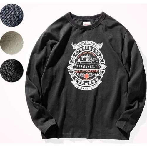 Autumn New Japanese Retro Long-sleeved O-neck Personality Printing T-shirts Mens Fashion Pure Cotton Washed Old Casual Tops