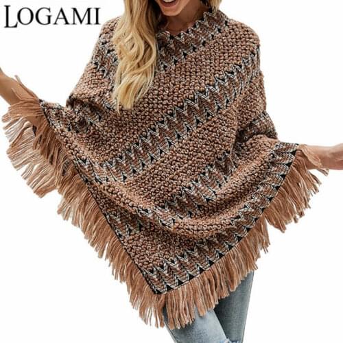 LOGAMI Vintage Shawl Cloak Sweater Striped Colorful Tassel Sweaters Coat Women Knitwear