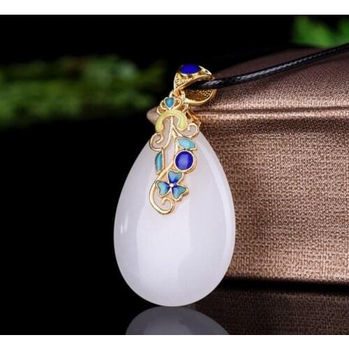 Natural Chinese White Jade Hand-carved Dripping Jade Pendant Fashion Jewelry Men and Women Cloisonne Silver Inlaid Necklace