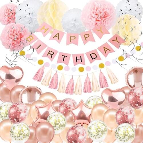 Girls Women Rose gold pink white gold birthday decorations 55pcs party decor set Pom Pom flower ballons supplies
