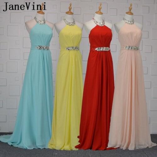 JaneVini Chiffon Light Sky Blue Long Bridesmaid Dresses A Line Halter Beaded Crystal Backless Formal Prom Gowns Robe Mousseline