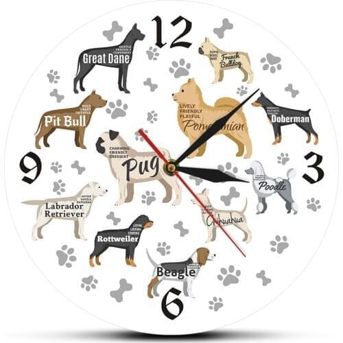 Dog Breeds Printed Wall Clock Dog Paws Dog Bones Puppy Dogs Modern Wall Watch Nursery Kid Room Wall Decor Animal Dog Lover Gift