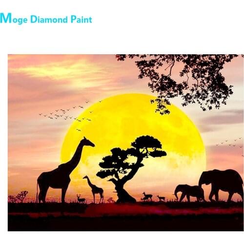 Sun Giraffe Elephant Diamond Painting Round Full Drill DIY Mosaic Embroidery 5D Cross Stitch Africa Animal Scenic Pattern Sunset