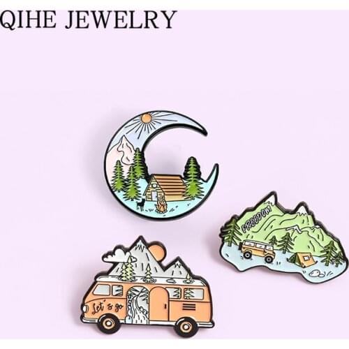 Adventure Enamel Pin Mountain Bus Houses Moon Brooches for Women Fashion Lapel Pin Cartoon Explorer Badge Jewelry Gift Wholesale