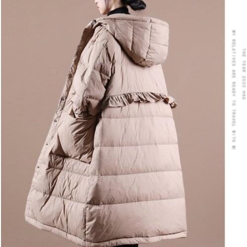 Womens Button Hooded Duck Down Jacket Black Fungus Lace Patchwork Outerwear Ladies Long Snow Puffer Parkas Warm Winter Clothing