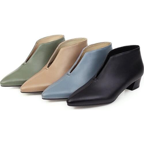 Women Soft Leather Boots 3.5cm Low Heels Ankle Boots Short Sewing Shoes Pointy Toe Plain Bootie Beige Blue Green Wide Fits 2021