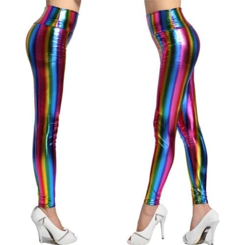 Womens Hologram Metallic Rainbow Glitter Neon Tights Stripes Printed High Waist Pants Faux Leather Party Clubwear
