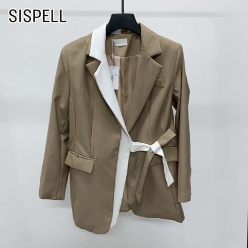 SISPELL Patchwork Hit Color Blazer Coat For Female Lapel Collar Long Sleeve Lace Up Bowknot High Waist Loose Womens Coat Tide