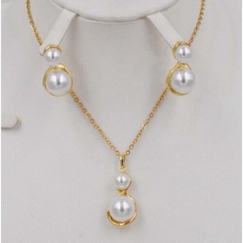 Dubai gold color Fashion Classic Imitation Pearl Necklace Earring Set Clear Crystal Elegant Party Gift Women Wedding Jewelry