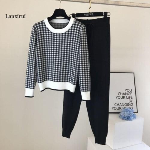 New Spring Women Knitted Costume 2 Pieces Sets Tracksuits O Neck Plaid Women Pullover Sweater + Knit Harem Carrot Pants Female