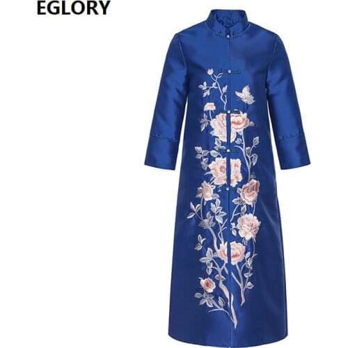 Plus Size Coat Outerwear 2020 Autumn Winter Brand Quality Women Lurex Embroidery Floral Patterns Vintage Blue Red Overcoats XXL
