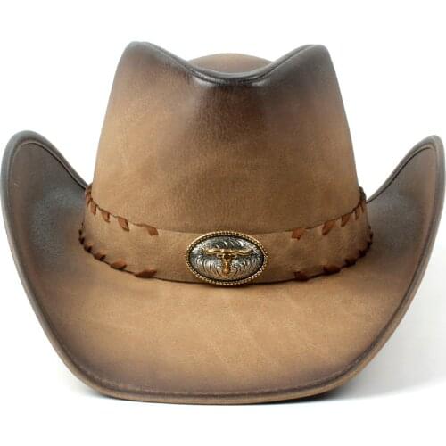 100% Leather Men Outblack Fedora Hat For Gentleman Dad Cowboy Hat Sombrero Hombre Caps Size 58-59CM