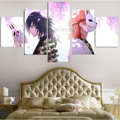 5 Panel Cartoon Demon Slayer Wall Art For Bedside Background Modular Pictures Home Decor Canvas Printed Painting Poster