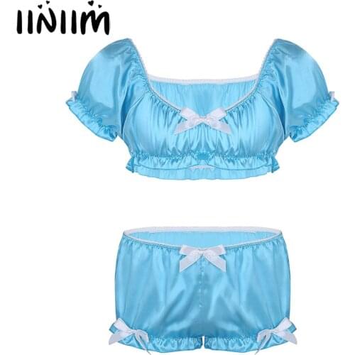 Iiniim Exotic Mens Lingerie Nightwear Soft Silky Crop Top with Bloomers Boxer Shorts Panties Gay Male Sissy Maid Underwear
