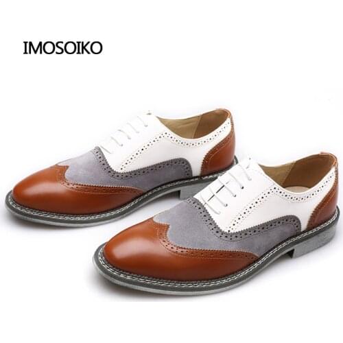 IMOSOIKO Quality Bullock Patchwork Color Pointy Raised Business Casual Shoes Korean Edition Carved Extra-Large Size 39-48