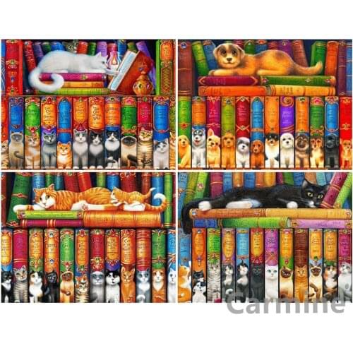 Cat Dog Bookcase DIY 5D Diamond Painting Cross Stitch Embroidery Rhinestones Picture Full Round&Square Drill Home Decoration