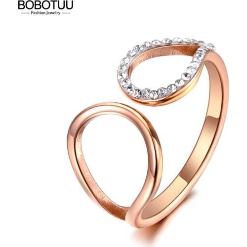 BOBOTUU Trendy 316L Stainless Steel Clay Rhinestone Party Ring Rose Gold Office Design Bohemia Ring Jewelry For Women BR20052