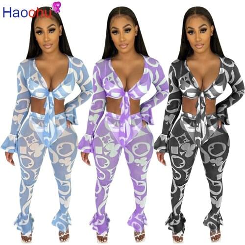 HAOOHU Fashion Print Sheer Mesh Sexy 2 Piece Sets Womens Club Outfits Long Sleeve Crop Top and Bell Bottom Pants