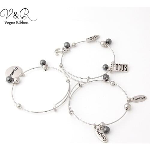 Imitation Rhodium Plated Stretch Bracelet Set 3pcs With Anchor/ Focus/ Clarlty/ Life/ Stability/ beads Alex And Ani Bracelet