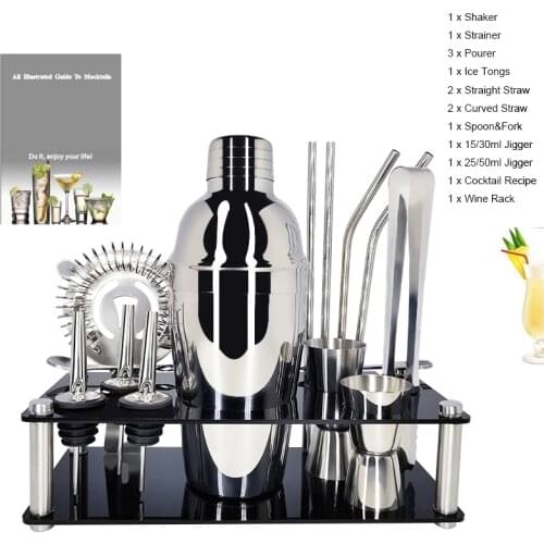 1-15 Pcs/Se Stainless Steel Barware Boston Snow Cocktail Shaker Set Bartender Kit Bar Tool With Wine Stand Cocktail Recipe