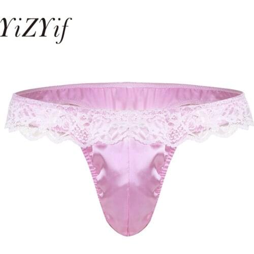 YiZYiF Men Sexy Lingerie Lace Shiny Satin Bikini Briefs Underwear Sissy Bulge Pouch Underpants Sexy Gay Jockstraps Panties