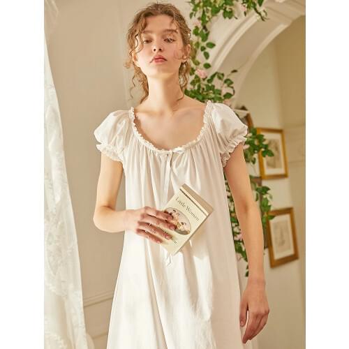 Summer Soft Cotton Womens Short Sleeve Long Nightgowns Girls Vintage Princess White Lace Sleepwear Home Dress