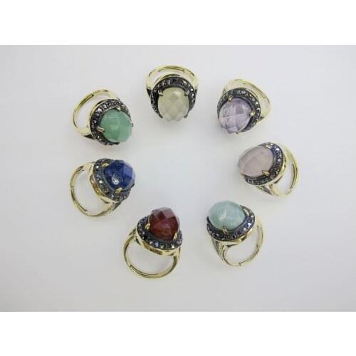 New Item,Mixed Gem Stone Ring Faceted Quartz Fashion Jewelry Finger Ring Feldspar Amazonite Crystal Gold Ring 5pcs/lot