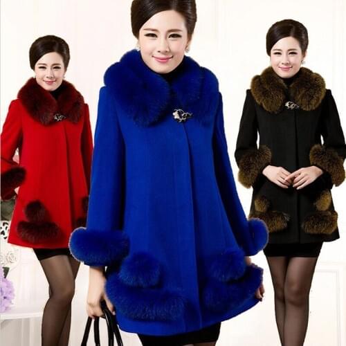 Womens autumn and winter new cashmere coat imitation fox fur collar large size long middle-aged mother loaded woolen coat