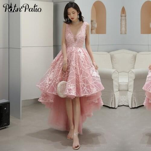 Sexy Backless Pink High Low Prom Dresses 2019 Plus Size V-neck Feather Sequined Lace Short Front Long Back Gala Dress