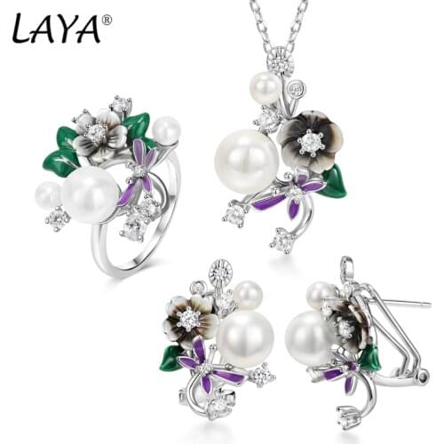 Laya 925 Sterling Silver High Quality Zircon Pearl Natural Shell Flower Trendy Jewelry Necklace Ring Earrings Sets For Women
