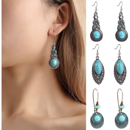 Delicate Water Drop Blue Stone Earrings Boho Tirbal Golden Metal Silver Color Triangle Turquoises Earrings Jewelry Trendy 2021