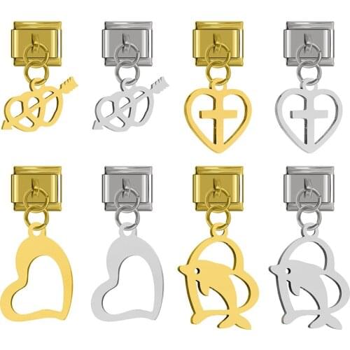 Hapiship New Original Daisy Sweet Love Heart Cross Dolphins Charm Link Fit 9mm Bracelet Stainless Steel Jewelry Making DJ258