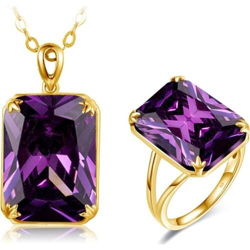 Szjinao Silver Jewellery Set For Women Real 925 Sterling Silver Gold Color Amethyst Pendant Ring Sets Punk Fine Jewelry Handmade