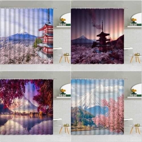 Mount Fuji Shower Curtain Cherry Blossom Loft Landscape Fabric Bathroom Supplies Bath Screen With Hook Cloth Curtains Home Decor