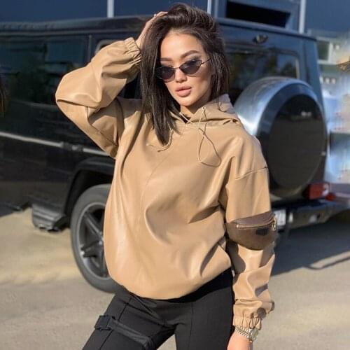 Fashionable Casual Pu Leather Hoodies Womens Round Collar Draw Rope Design Solid Color Simplicity Streetwear Sweatshirt