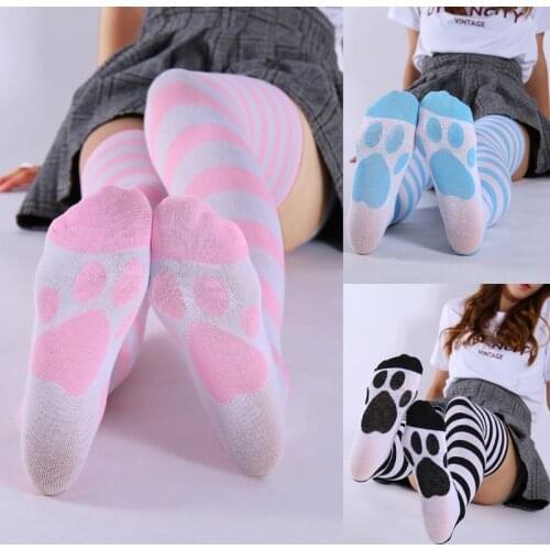 Women Japanese Anime Over The Knee Long Socks Kawaii Cute Cartoon Cat Paw Striped Print Cosplay Thigh High Stockings