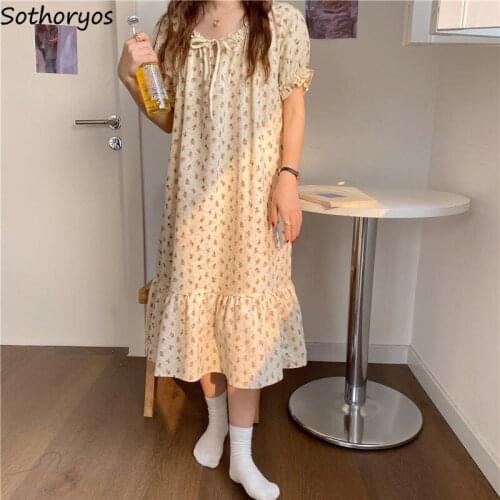 Women Floral Sleepshirts Mid-calf Sweet Girls Ruffles Bandage Fresh Korean Style Females Nightgowns Oversize Leisure Home Trendy