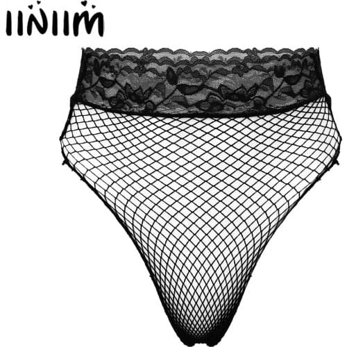 Women See-through Mesh Lace Waistband Briefs Low Waist Hollow Out Fishnet Underpants Underwear
