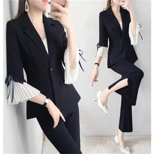 Women Pant Suits female summer New High end female British style stripe Blazers top + wide leg pants Two-piece suit women
