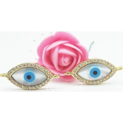 2pcs free shipping Mother of Pearl Natural Shell white Hamsa/round/marquise Zircons CZ gold Color Bezel Evil Eye for bracelet