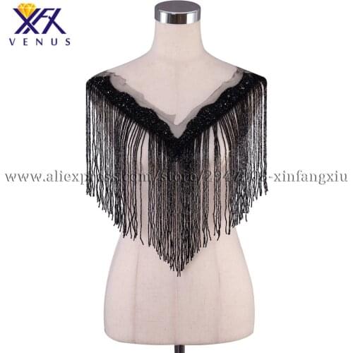 XFX VENUS Hot sale black wedding embroidered crystal beaded tassels style V neck collar with fashion black Beading applique 5pcs