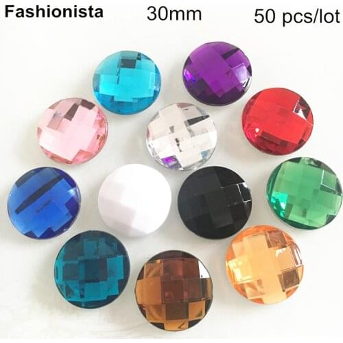 50 pcs Large Size 30mm Acrylic Rhinestone,Round Flat Back Faceted Cabochon,Crystal Acrylic Cabochon For Crafts,Various Colors-WW