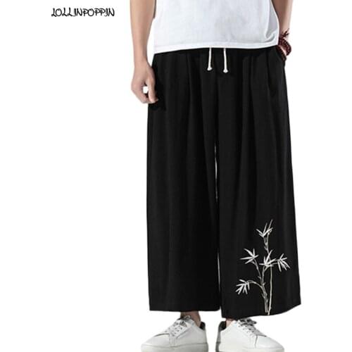 Bamboo Embroidery Japan Style Men Cotton & Linen Wide Leg Loose Pants Elastic Waist 2021 Summer New Ankle Length Trousers