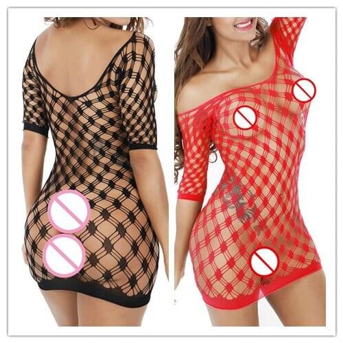 Elastic Sexy Mesh Erotic Lingerie Dress Hollow Out Fishnet Lingerie For Women Costumes Strapless Shoulder Dress Hot