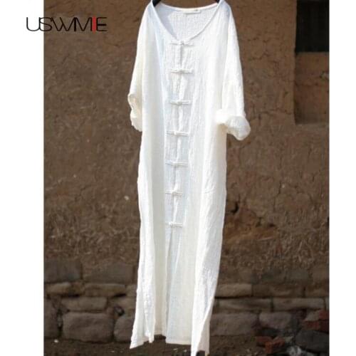 2020 Autumn Retro Literary Single-breasted Three Quarter Sleeve Solid Color Comfort Vestidos 6 Colors Vintage Plus Size Dress