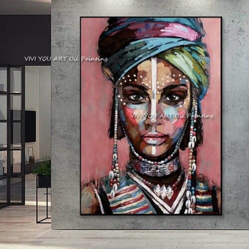 The Handpainted Black Woman African Scarf Girl Oil Paintings On Canvas Pictures No Framed Charming Human Art for Decor Portrait