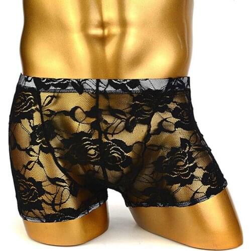 Sexy Men See Through Sheer Floral Lace Boxer Brief Shorts Underwear Sissy Crossdress Underpants Gay Lingerie for Him 3 Colors