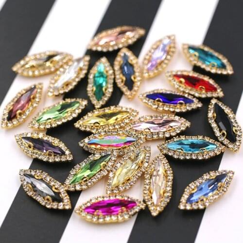 New arrival Horse eye shape gold base sew on crystal button glass rhinestones for Clothing/wedding decoration Free shipping