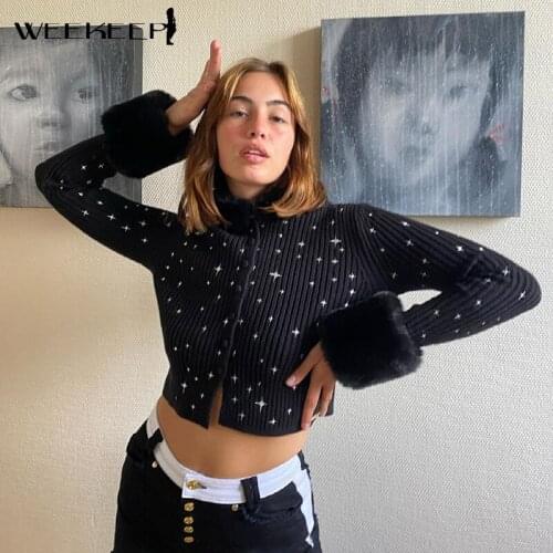 Weekeep Elegant Autumn Sweater Cardigan Women Long Sleeve Embroidery Fur Collar Knitted Cropped Hoodies Harajuku 2021 Streetwear