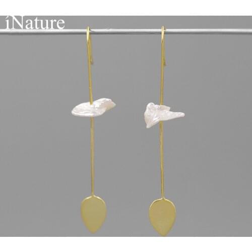 INATURE 925 Sterling Silver Fashion Baroque Pearl Leaf Long Earrings For Women Jewelry Gift
